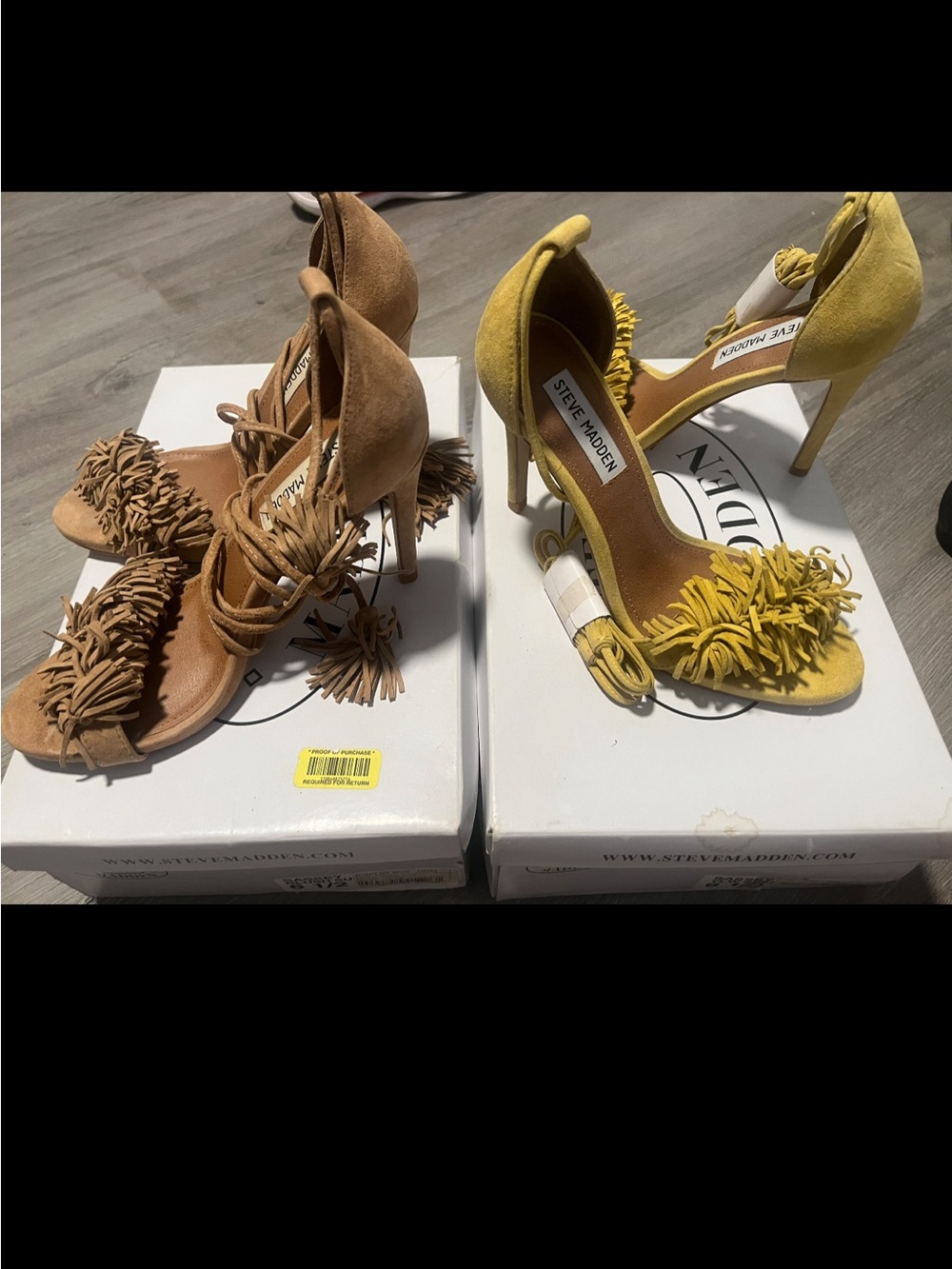 Steve Madden Suede Fringe Stiletto Heels in Yellow and Tan